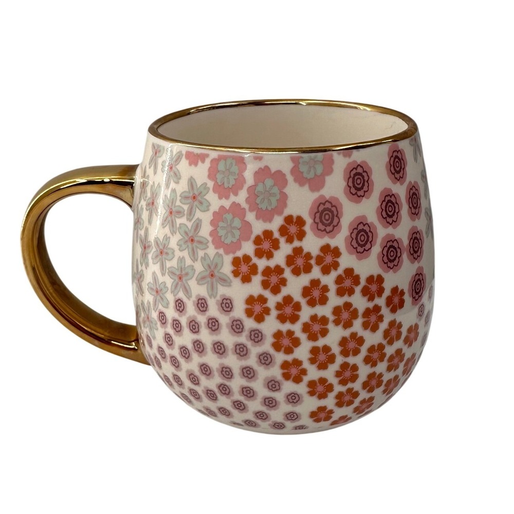 Thyme & Table Coffee Mug Floral Pink Orange Gold Trim Bone‎ China Tea Cup Cozy